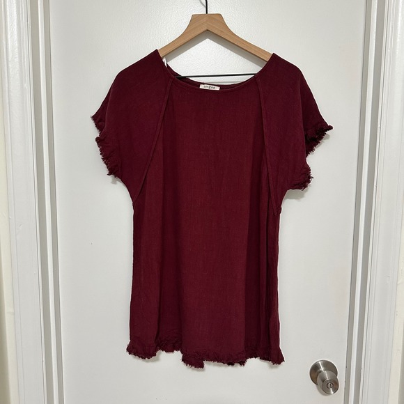 UMGEE | Burgundy Linen Blend Fringe Casual Short Sleeve Boho Tunic Top, Size M - Picture 3 of 8